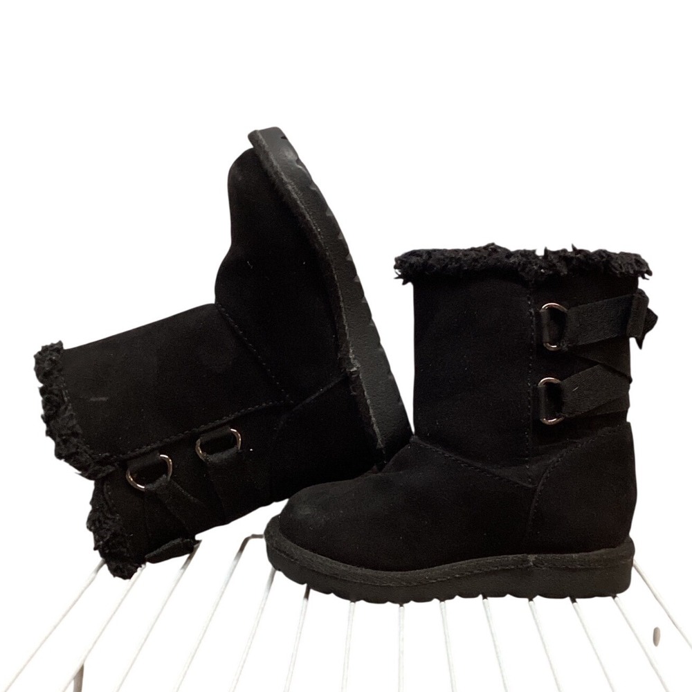 Kids Black Faux Suede Fur Trimmed Boots Buckle Detail Size 5